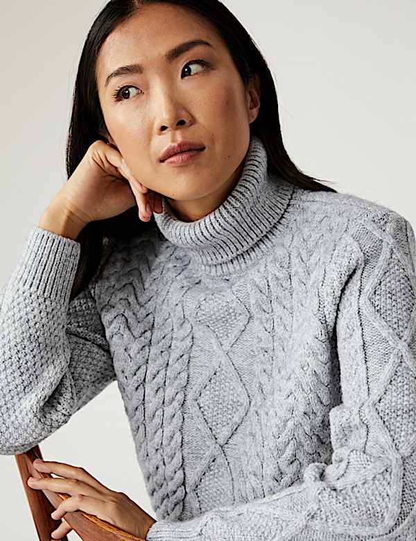 Cable Knit Roll Neck Longline Jumper