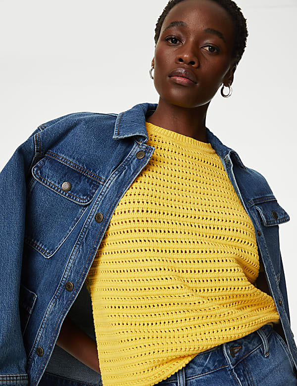 Cotton Rich Crew Neck Textured Knitted Top