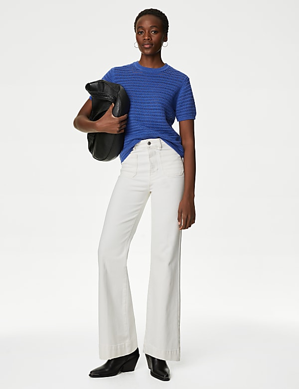Cotton Rich Crew Neck Textured Knitted Top
