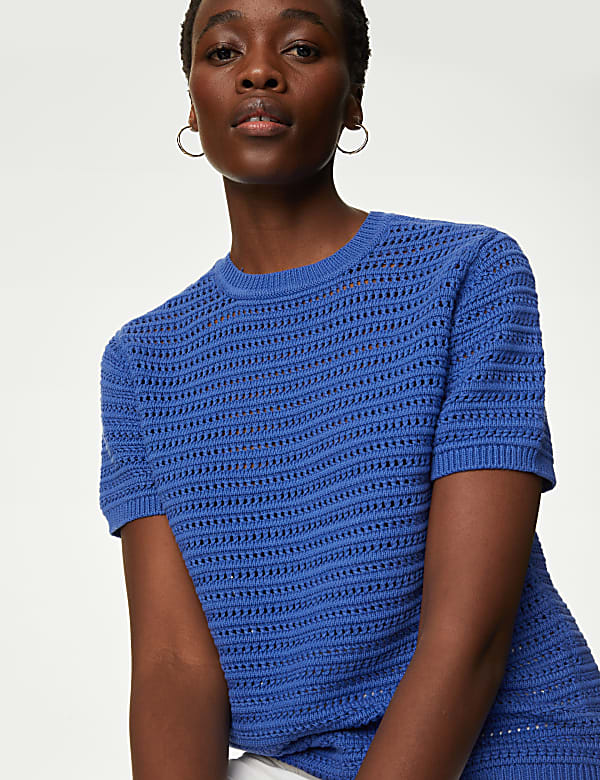 Cotton Rich Crew Neck Textured Knitted Top