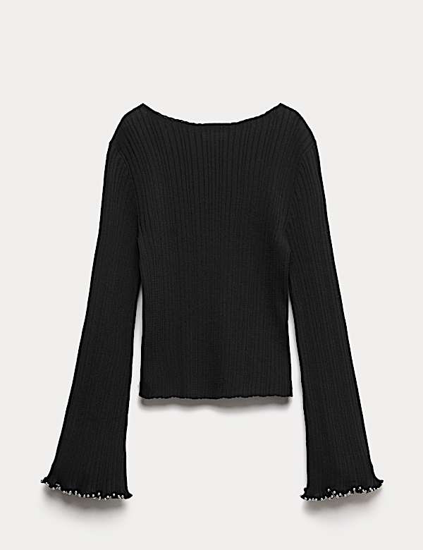 Cotton Blend Ribbed Slash Neck Fitted Cropped Knitted Top - NZ