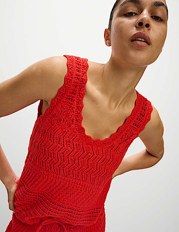 Cotton Blend Pointelle Scallop Edge Knitted Vest - NO