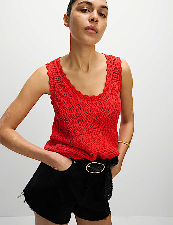 Cotton Blend Pointelle Scallop Edge Knitted Vest - NO