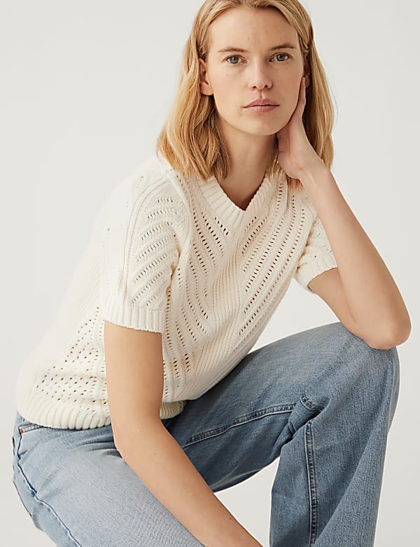 Cotton Rich Textured Crew Neck Knitted Top