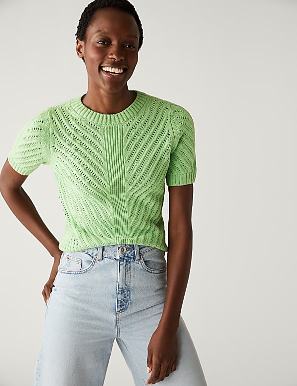 Cotton Rich Textured Crew Neck Knitted Top