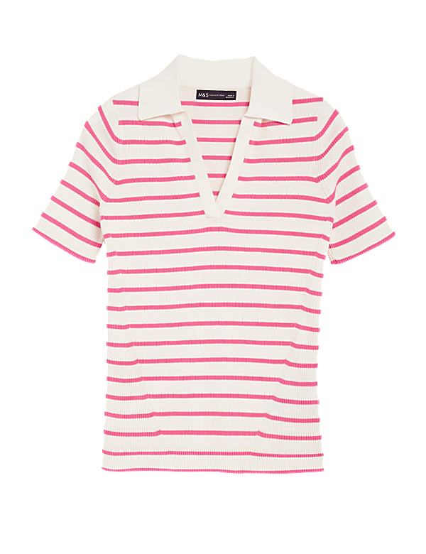 Cotton Rich Striped Collared Knitted Top