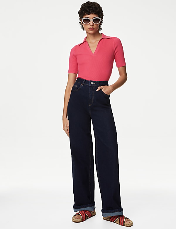 Cotton Rich Ribbed Collared Knitted Top