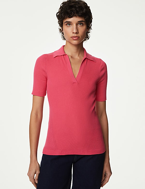 Cotton Rich Ribbed Collared Knitted Top