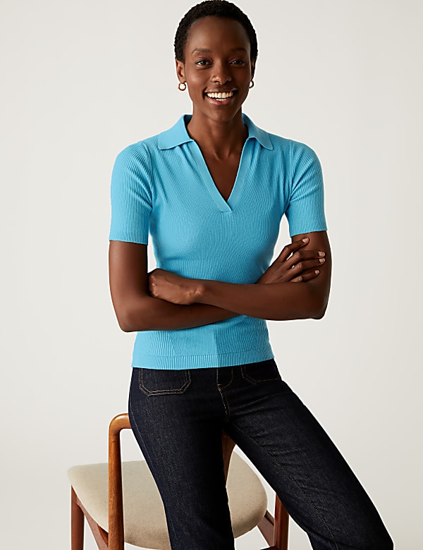 Cotton Rich Ribbed Collared Knitted Top