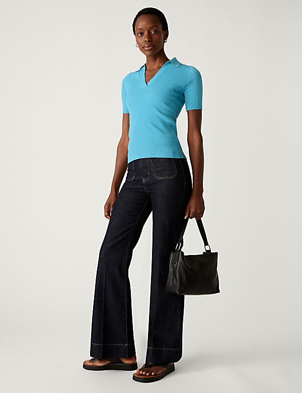 Cotton Rich Ribbed Collared Knitted Top