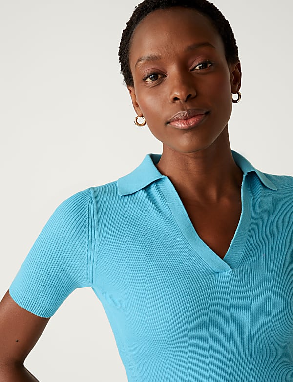 Cotton Rich Ribbed Collared Knitted Top