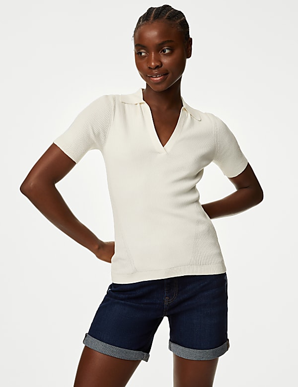 Cotton Rich Ribbed Collared Knitted Top