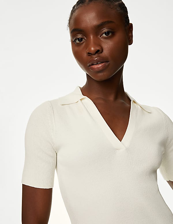 Cotton Rich Ribbed Collared Knitted Top