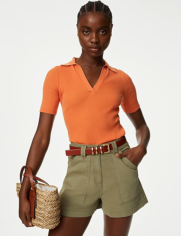 Cotton Rich Ribbed Collared Knitted Top