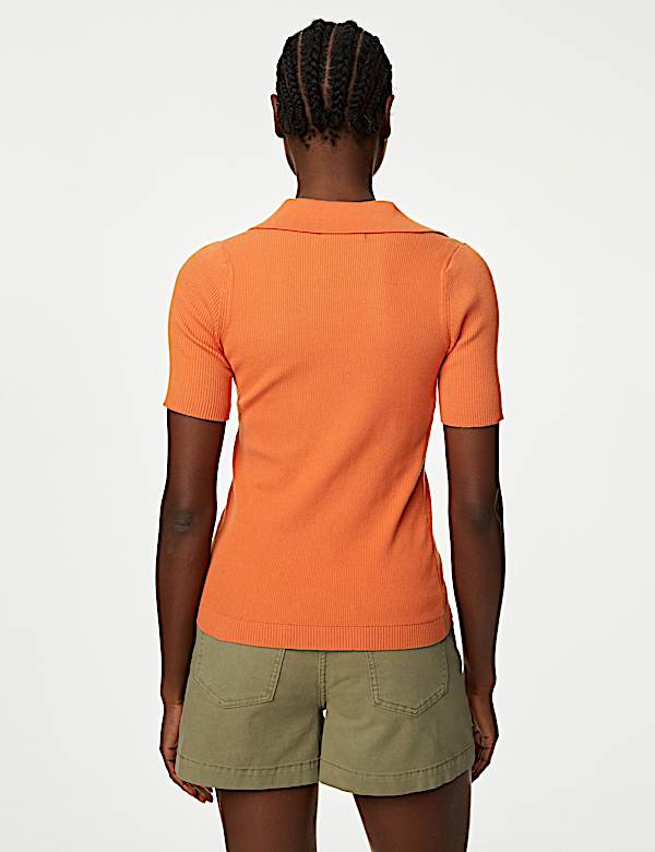 Cotton Rich Ribbed Collared Knitted Top