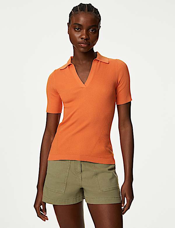 Cotton Rich Ribbed Collared Knitted Top