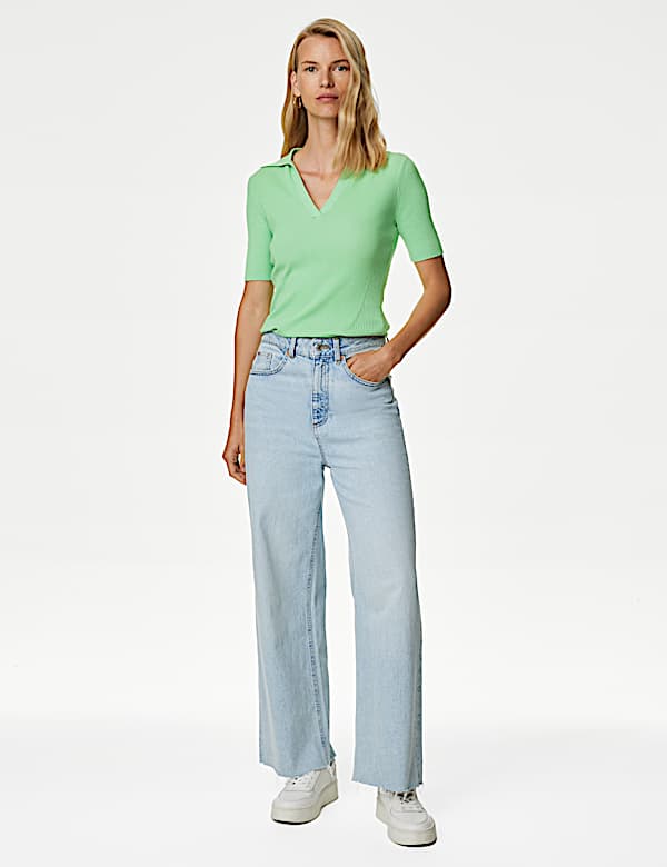 Cotton Rich Ribbed Collared Knitted Top