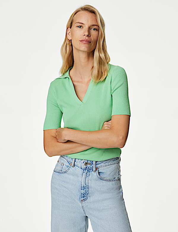 Cotton Rich Ribbed Collared Knitted Top