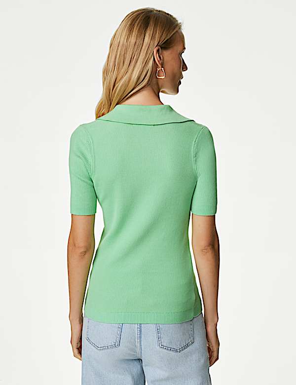 Cotton Rich Ribbed Collared Knitted Top