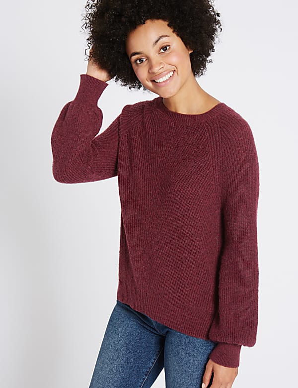 Ribbed Balloon Sleeve Round Neck Jumper