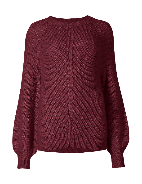 Ribbed Balloon Sleeve Round Neck Jumper