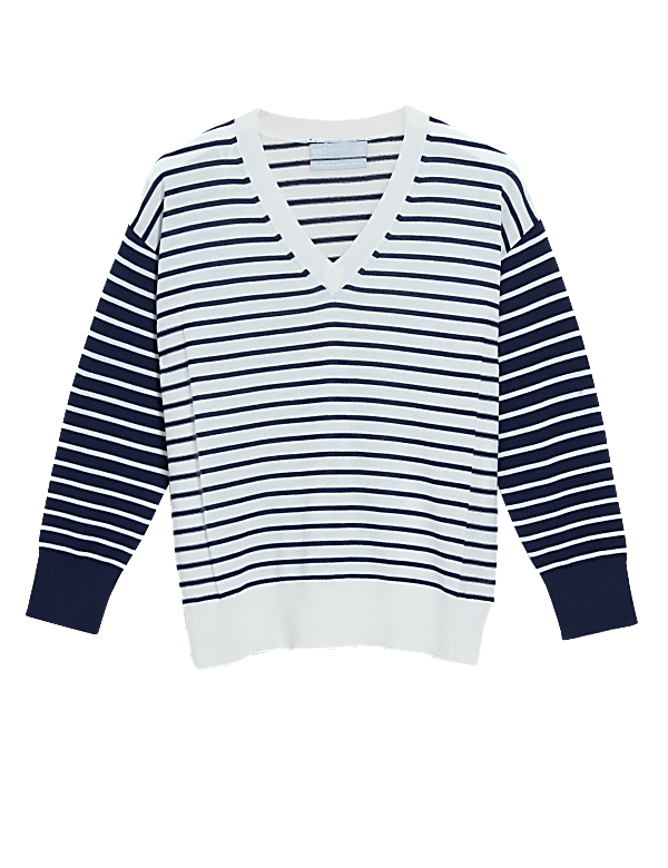 Pure Merino Wool Striped V-Neck Jumper