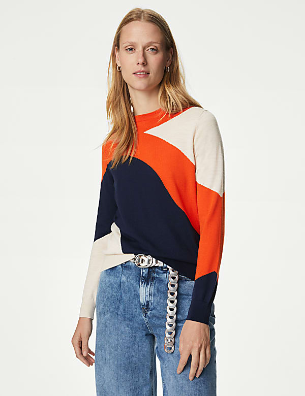 Pure Merino Wool Colour Block Jumper