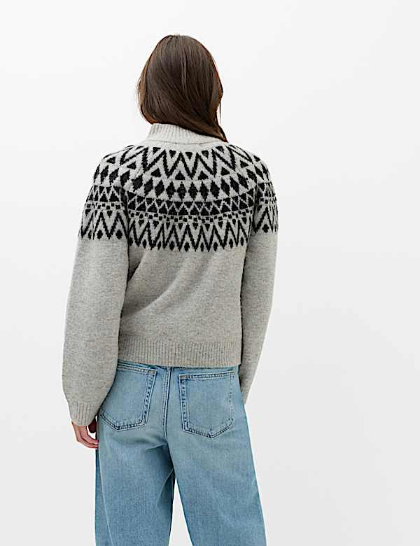 Fair Isle Funnel Neck Button Front Slim Fit Cardigan with Wool - NZ