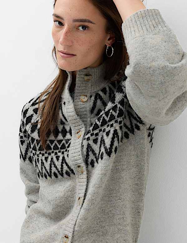 Fair Isle Funnel Neck Button Front Slim Fit Cardigan with Wool - NZ