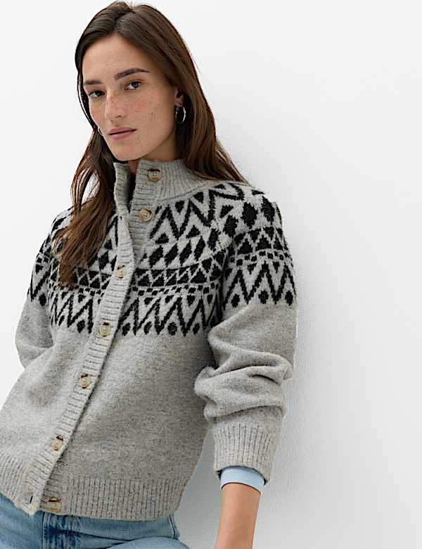 Fair Isle Funnel Neck Button Front Slim Fit Cardigan with Wool - NZ