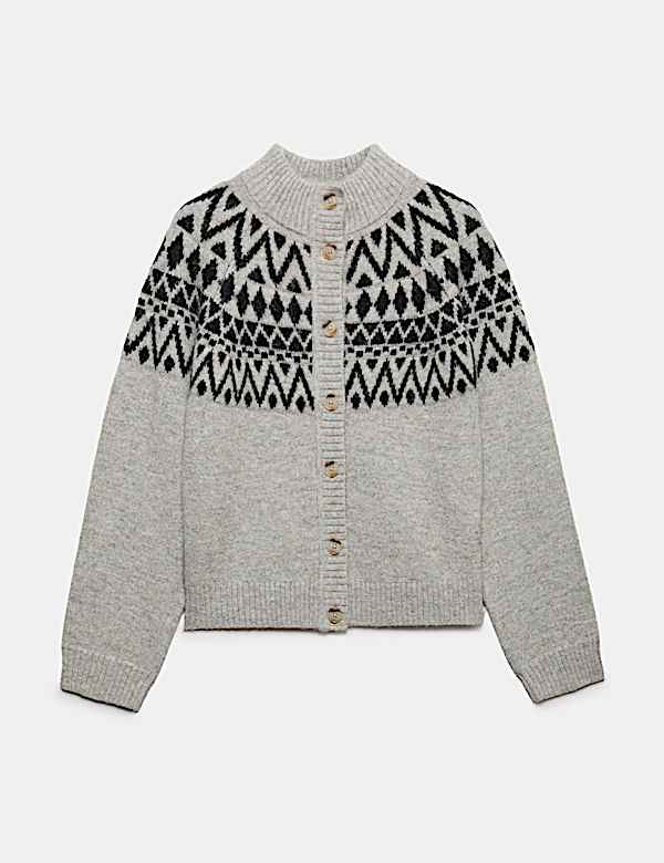 Fair Isle Funnel Neck Button Front Slim Fit Cardigan with Wool - NZ
