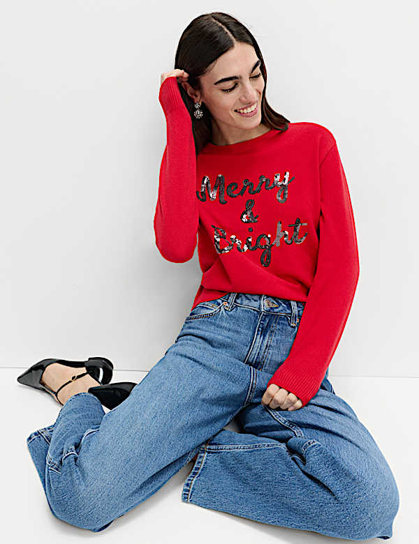 Air-Yarn Sequin Slogan Crew Neck Jumper