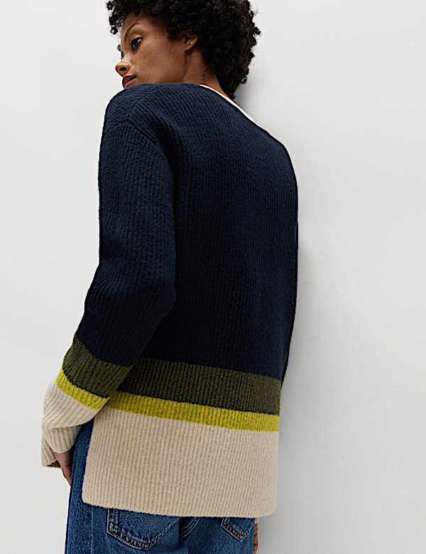 V-Neck Ribbed Striped Jumper With Wool - US