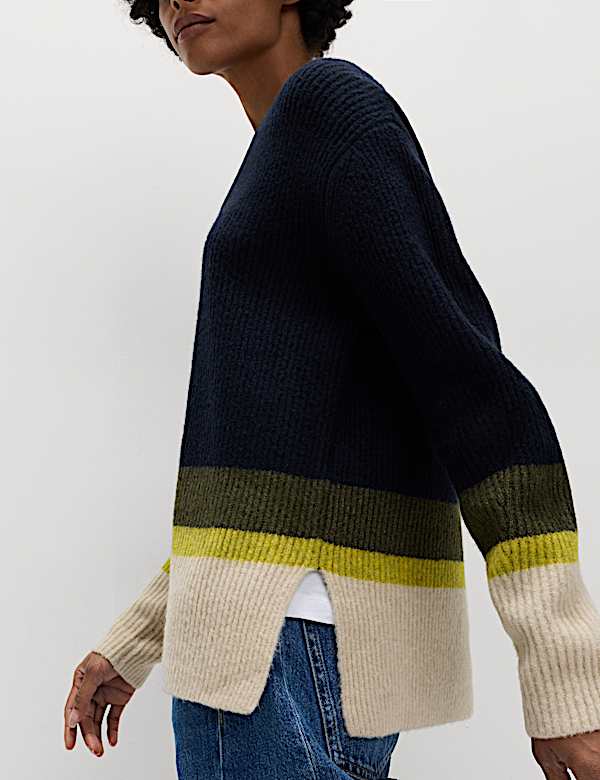 V-Neck Ribbed Striped Jumper With Wool - US