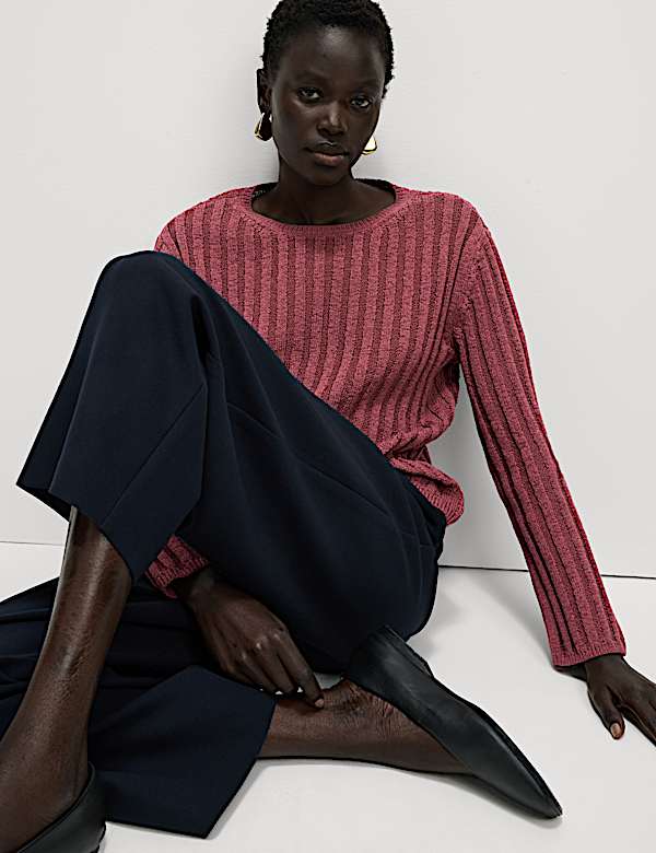 Cotton Blend Ribbed Crew Neck Jumper - RO