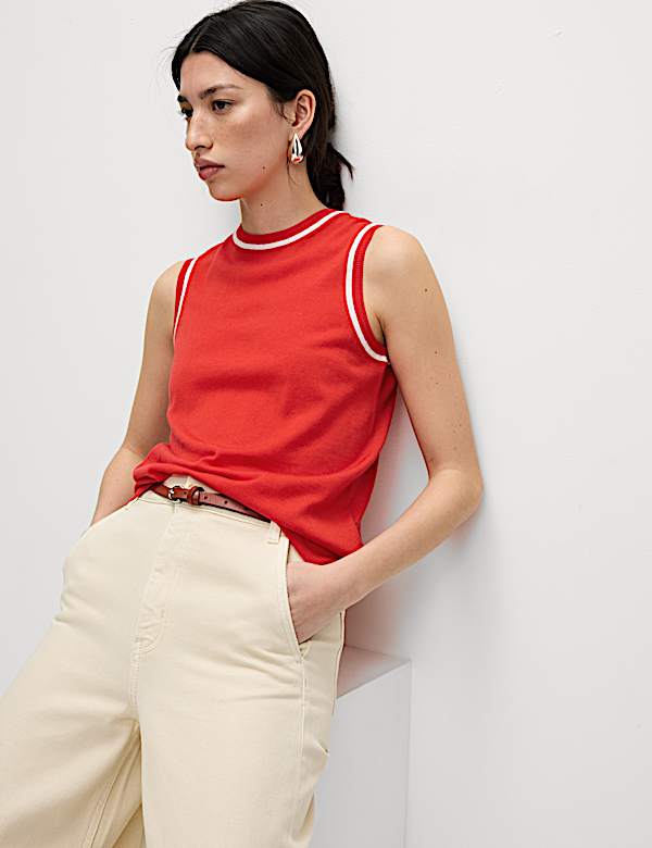 Pure Merino Wool Tipped Detail Knitted Vest - SI