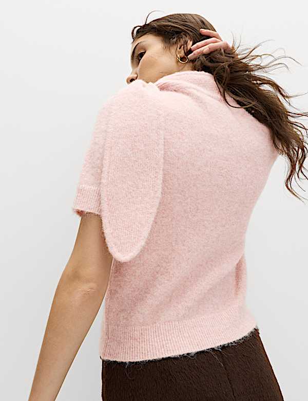 Tie Neck Knitted Top with Wool - US