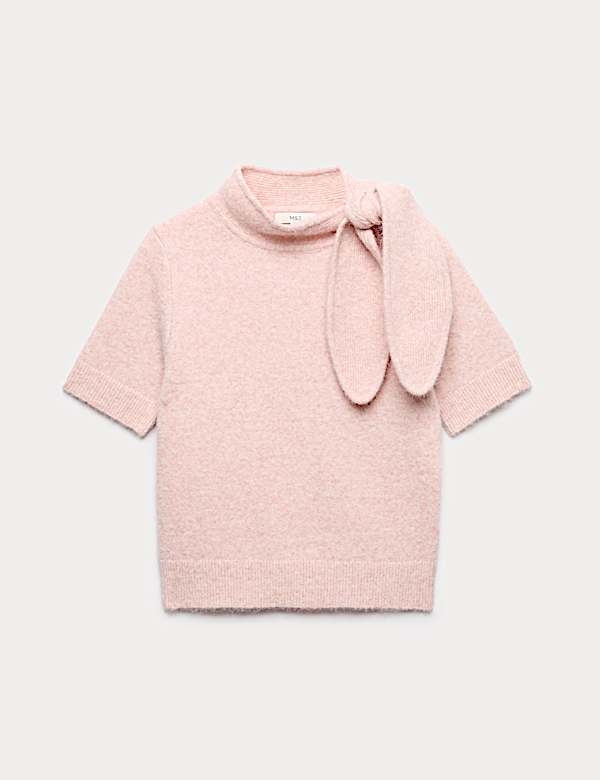 Tie Neck Knitted Top with Wool - US