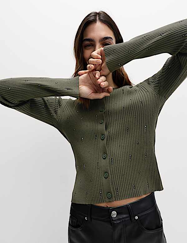 Embellished Crew Neck Fitted Cardigan - NO