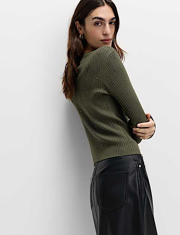 Embellished Crew Neck Fitted Cardigan - NO