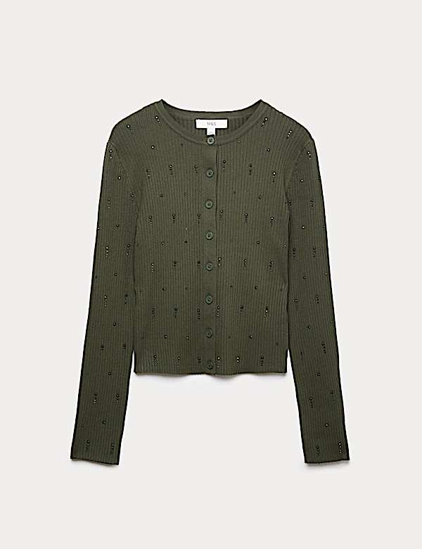Embellished Crew Neck Fitted Cardigan - NO