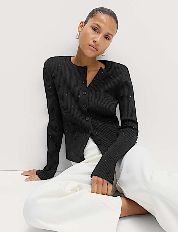 קרדיגן מעוטר בגזרה צמודה עם צווארון עגול - IL