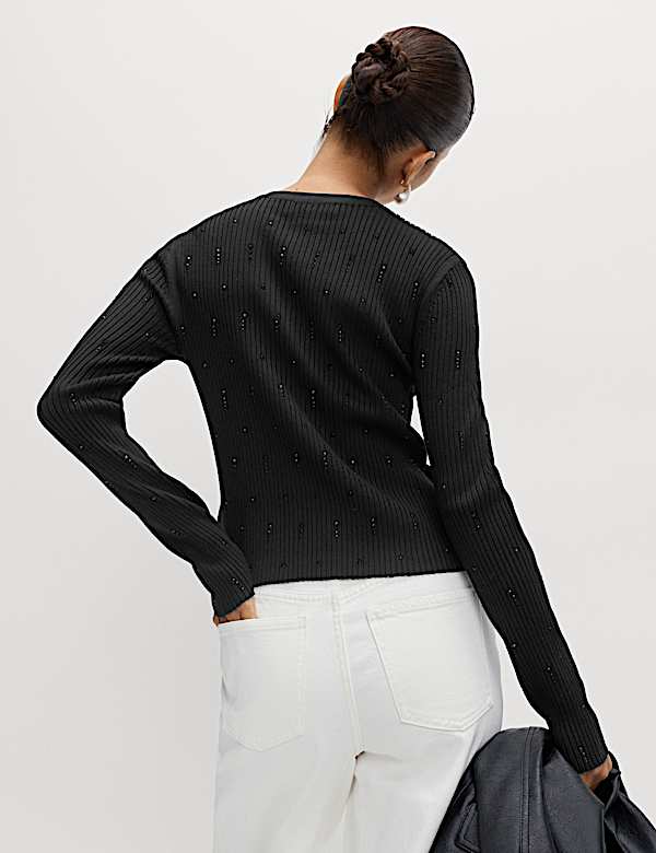 קרדיגן מעוטר בגזרה צמודה עם צווארון עגול - IL