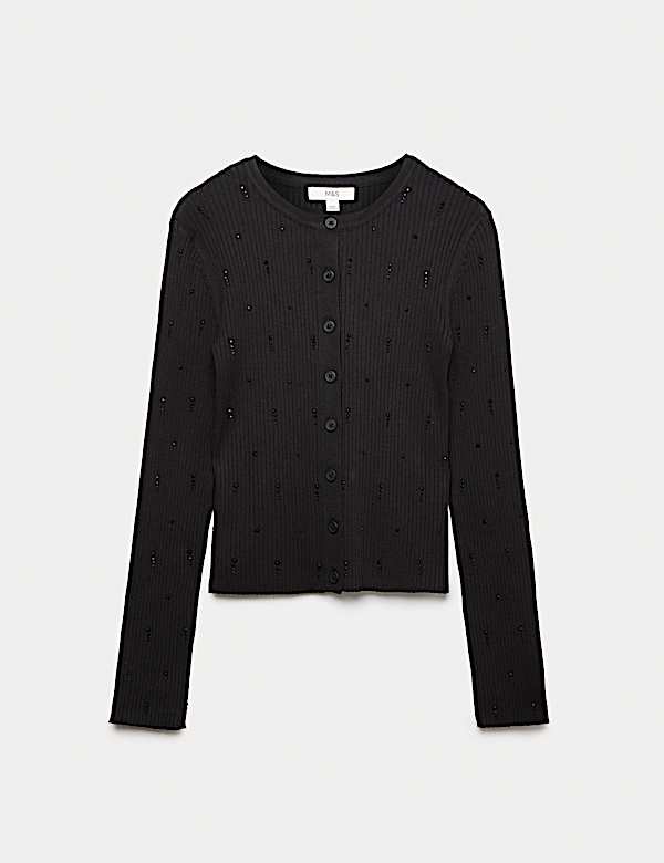 קרדיגן מעוטר בגזרה צמודה עם צווארון עגול - IL