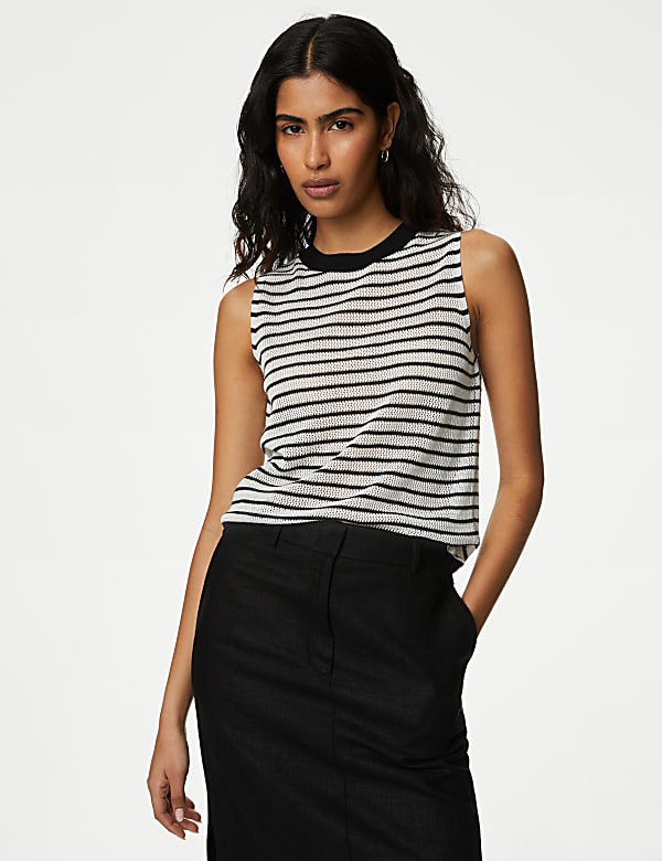 Striped Round Neck Knitted Vest with Linen