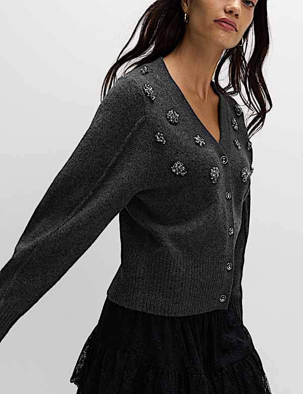 Embellished V-Neck Cardigan with Wool - DK