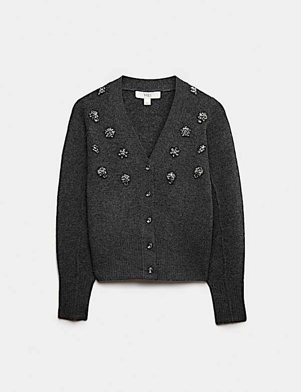 Embellished V-Neck Cardigan with Wool - DK
