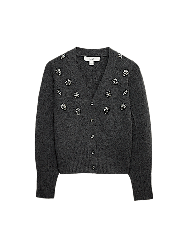 Embellished V-Neck Cardigan with Wool