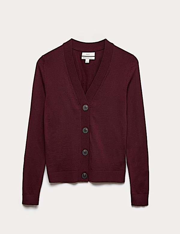 קרדיגן מצמר מרינו טהור עם צווארון וי וכפתורים בחזית - IL