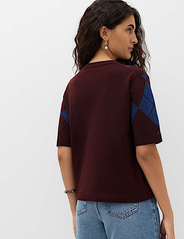 Air Yarn Argyle Relaxed Crew Neck Knitted Top - VN